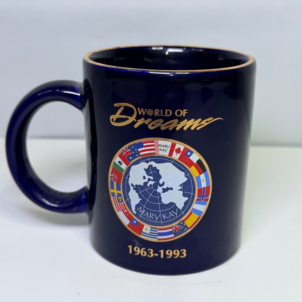Mary Kay World of Dreams 30th Anniversary Mug 1963-1993 Cobalt Blue Gold Vintage